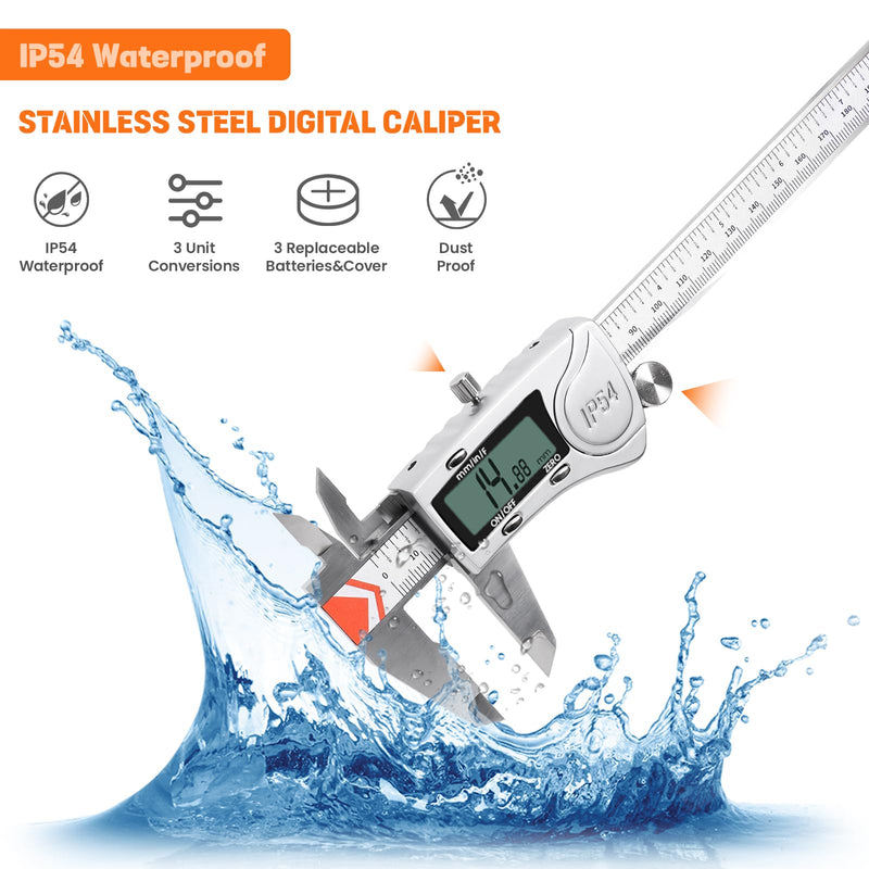 HARDELL Digital Caliper 8 Inch, Heavy-Duty IP54 Calipers with 3-Batteries & Extra Cover, All Stainless Steel Digital Micrometer Vernier Caliper, Inch/MM/Fraction, Auto-Off for DIY/3D-Printing