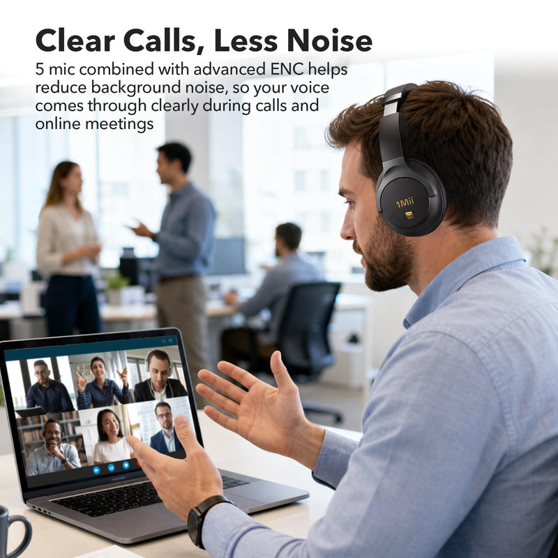 1Mii Hybrid Active Noise Cancelling Bluetooth Headphones with Game Mode | Over Ear Headphones Wireless Bluetooth 6.0 Low Latency, Hi-Res Audio, Clear Calls, 100H Battery Comfortable for Travel Office