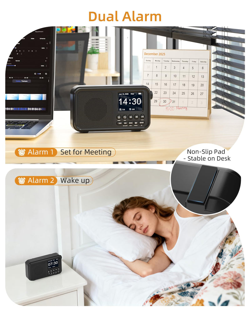 Mesqool FM Radio, Portable Radio with Bluetooth & NOAA Weather Alert | Auto Scan, 40 Presets, 8W Sound, 2.4" Color Display, USB-C Charging, microSD Playback, Dual Alarms, Sleep Timer, 6 EQ Modes Black