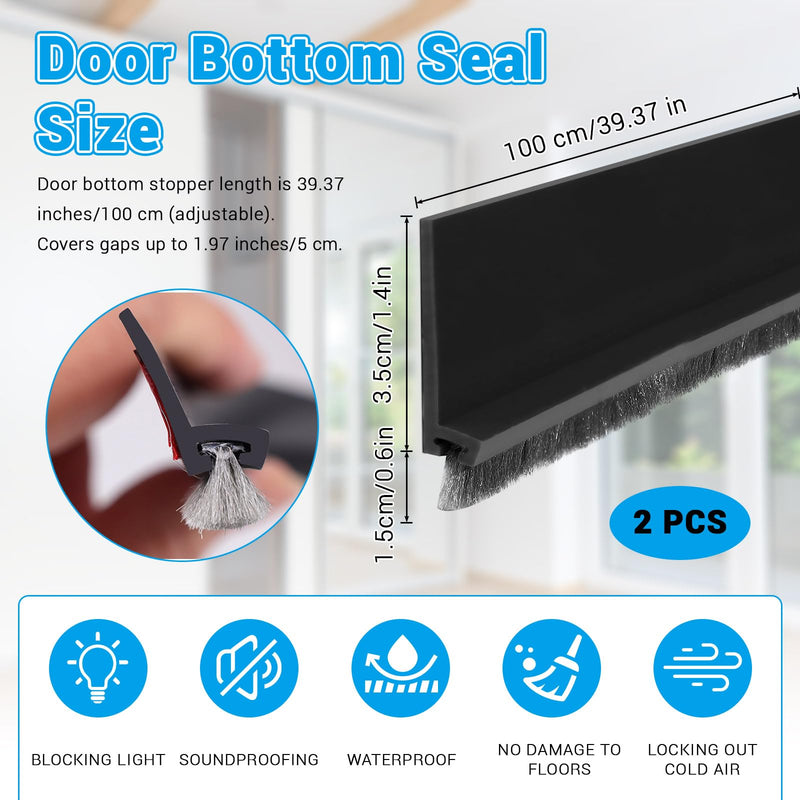 Door Draught Excluder with Brush, Protection from Sound Cold, 200 cm Black | 2 Pack 39" x 2" Draft Stopper Blocker, Self-Adhesive Stripping, Brush Seal for Water Insects Hot Air Gap Insulation 2 Rolls
