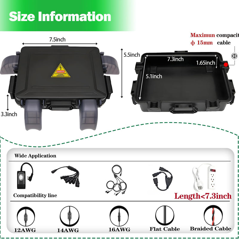 Small Outdoor Electrical Box (Inner 7.3 * 5.1 * 1.6) with Clear Waterproof Shield,Waterproof Extension Cord Cover,Weatherproof Connection Box with 4 Cable Entry for Plug,Connector(2PCS,Black) 2PCS Small