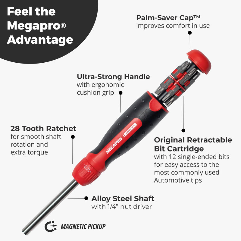 Megapro Automotive Screwdriver Set | One Multi-Bit Screwdriver with ¼” Hex Shaft | Phillips, Torx | Compact Automotive Bit Set (Ratcheting) Ratcheting
