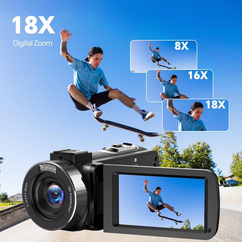 Camcorder Video Camera 4K, 42MP Digital Camera for Vlogging, 3" 270° Rotating Screen 18X Digital Zoom Video Recorder for YouTube Beginners with Remote Control, 2 Batteries, 32GB SD Card black