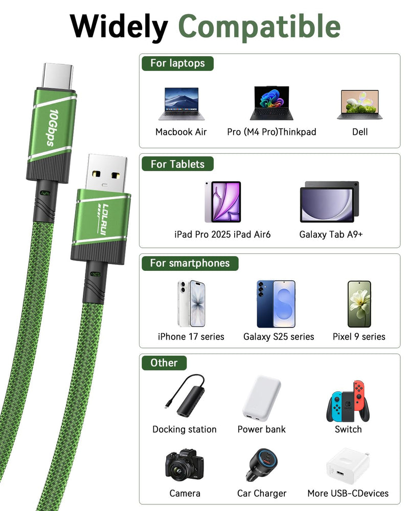 LDLrui USB A to USB C Cable 10Gbps USB 3.2 Data Cable 1Ft Green | 60W Fast Charging USB 3.2 Gen 2 Short Cable with High Speed Data Transfer for Portable SSD, Laptop, Phone, Tablet and USB Hub 0.3M 1