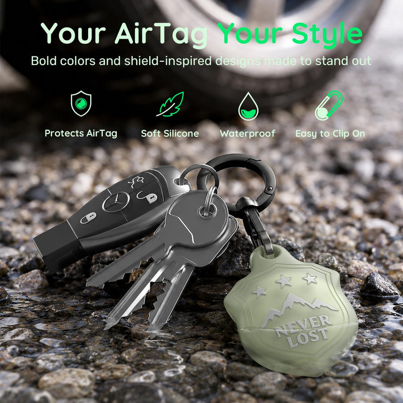 AirTag Holder Keychain, Waterproof AirTag Case with Swivel Key Ring | Compatible with Apple AirTag; stylish embossed silicone Air Tag holder keeps your AirTag secure on keys, bags and luggage Glow-in-the-Dark Green-M Mountain