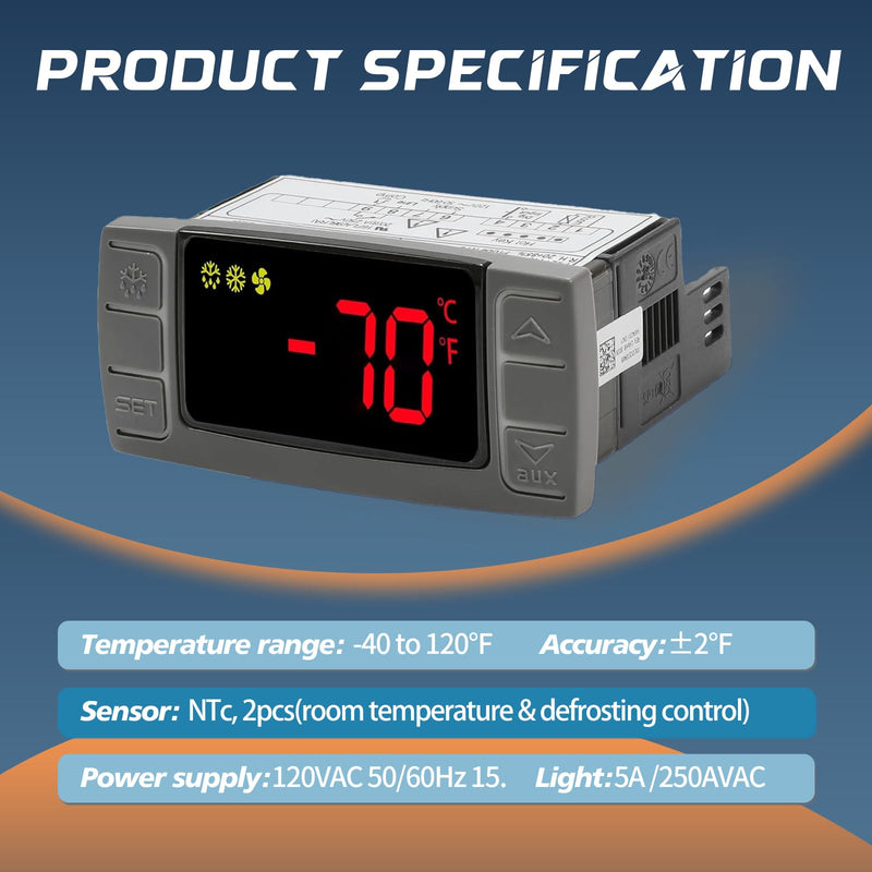 XR03CX-4N0F1 Temperature Controller with Sensor Probe, 120V Digital Thermostat Controller Compatible with Dixell Programmable Refrigerators/Freezers, Single NTC Probe + Alarm Relay XR03CX-4N0F1