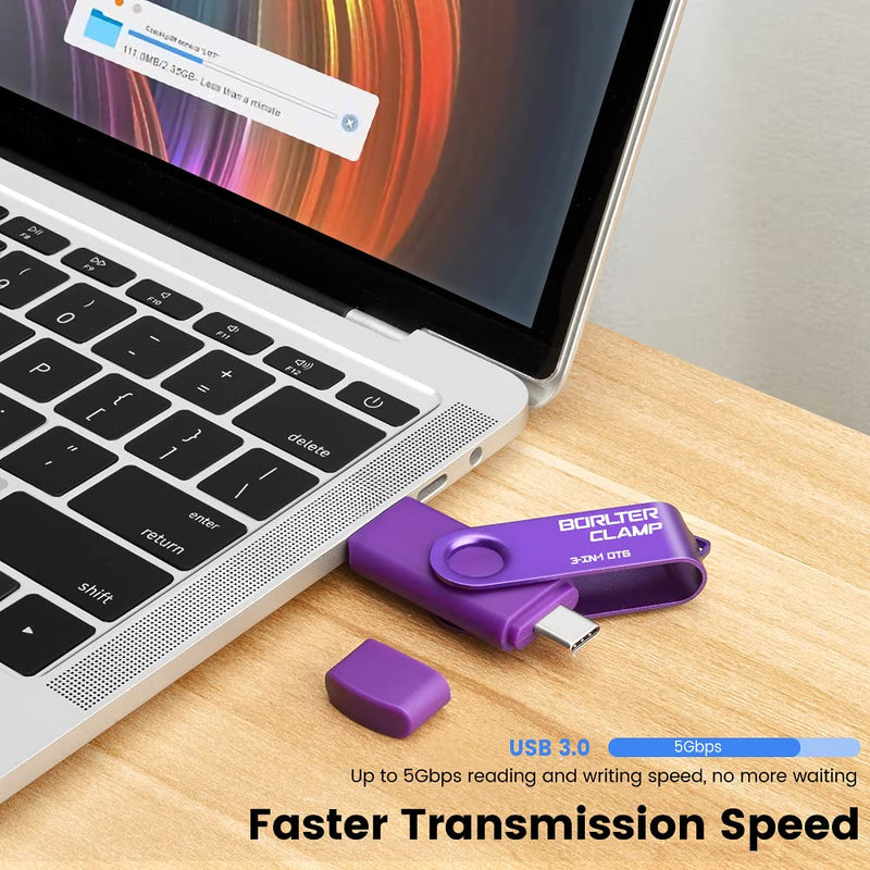 256GB 3 in 1 USB 3.0 Flash Drive Photo Stick for Android Phones, BorlterClamp OTG Memory Stick with 3 USB Ports (USB C, microUSB, USB A) for Samsung Galaxy, LG, Tablets, PC and More, Purple 256GB