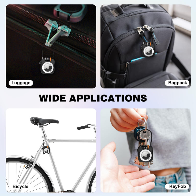 Airtag Keychain Holder with 3 Digit Combination Lock for Luggage, Suitcase, Backpack, Lockers, Travel Luggage Locks, Resettable Cable Lock with Zinc Alloy Body(Black) Black