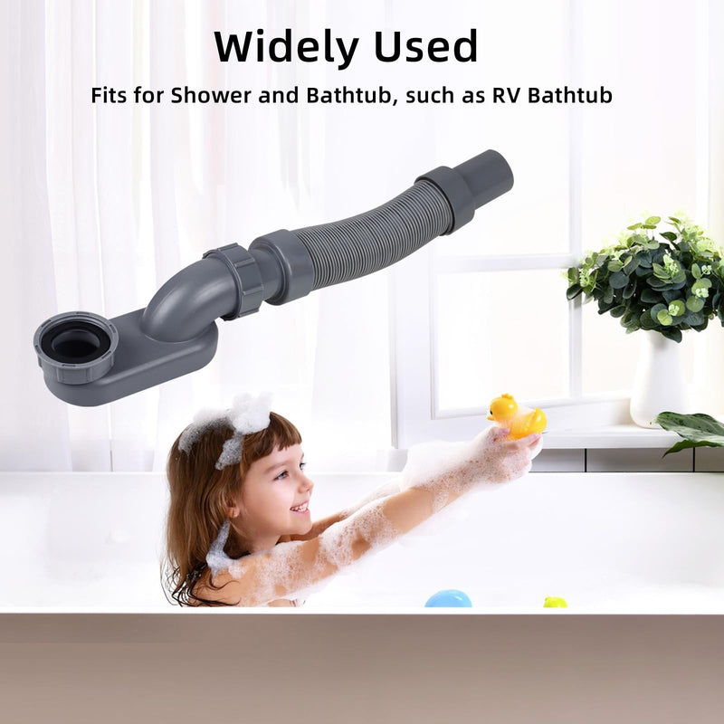 Flexible Freestanding Tub Drain Kit, Low Profile Flat P Trap for 1 1/2" Bathtub & Shower Drain Pipe, Easy Install, Fits Freestanding Bath Tubs, PVC Drain Hose Included One end gray thread