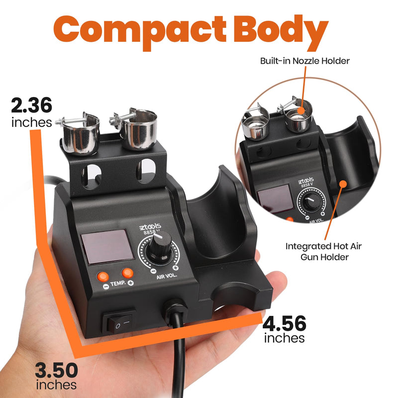 8858-V Compact Entry-Level Hot Air Rework Station Iron Kit with Integrated Design, 3 Hot Air Nozzles, PID Temp Control, Adjustable Temp & Air Volume, °C/°F Conversion, Auto Stand-by Mode