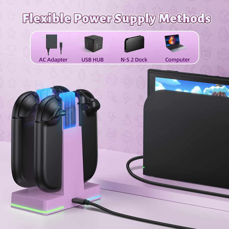 FASTSNAIL Switch 2 Controller Charger Dock for Nintendo Switch 2 for JoyCon | 4-in-1 Fast Switch 2 Joypad Charging Dock Station, 9 RGB Light, Dual-Direction Magnetic Stand for Joycon 2 Accessorie, Purple 7.9 inch Light Purple