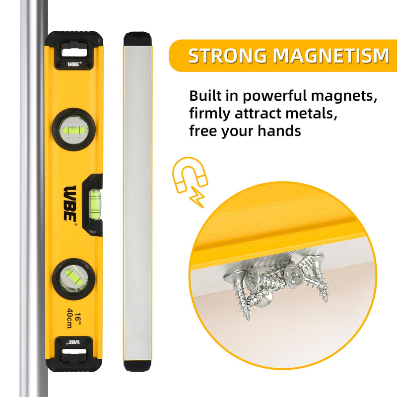 WBE 16-Inch Magnetic Torpedo Level with 45°/90°/180° Bubbles, Aluminum Alloy Body, Heavy Duty Level,Precision-Machined Base,Shockproof Rubber End Caps,Hanging Hole for Construction,Carpentry(1 PACK) 1 PACK