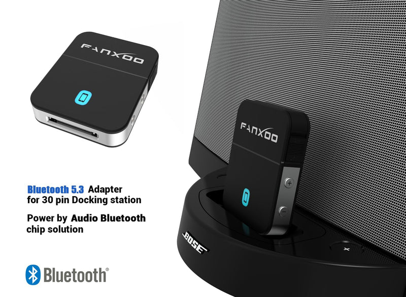 Fanxoo DockPro 30 pin Bluetooth 5.3 Adapter for Bose Sounddock 30 pin to Lightning Bluetooth Adapter Compatible for iPhone iPod Docking Station Black