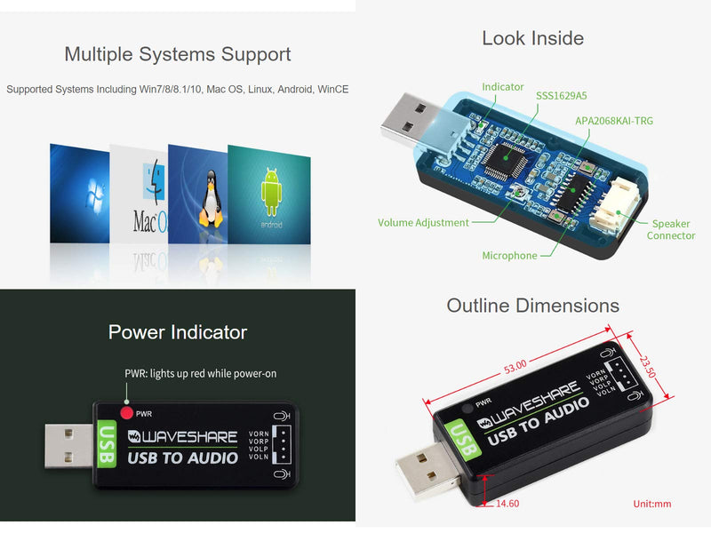 Waveshare USB Sound Card for Raspberry Pi/Jetson Nano USB Audio Module External Audio Converter Recording and Playback Support Stereo Codec Onboard Microphone and Speaker Header No Driver Required
