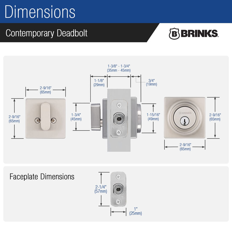 BRINKS – Exterior Deadbolt Front Door Lock – Single Cylinder Square Keyed Entry – Home & Residential Security – Satin Nickel Finish (Pack of 1)