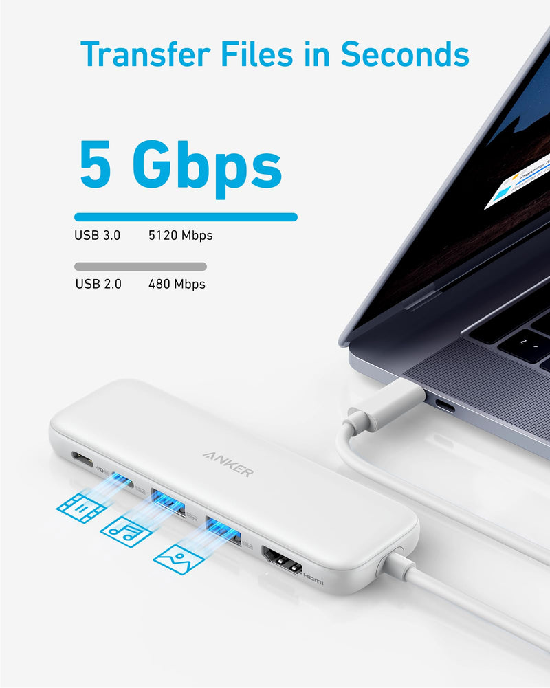 Anker 332 USB-C Hub (5-in-1) with 4K HDMI Display, 5Gbps USB-C Data Port and 2 5Gbps USB-A Data Ports and for MacBook Pro, MacBook Air, Dell XPS, Lenovo Thinkpad, HP Laptops and More(White) White