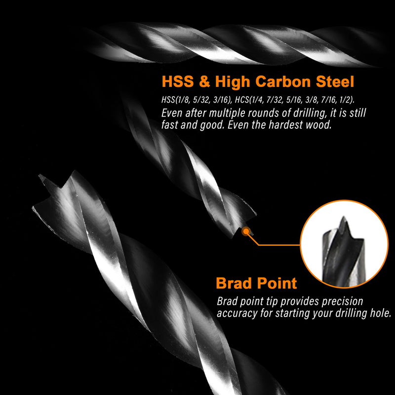 Extra Long 12" Brad Point Wood Drill Bit Set 12PCS (1/8"-1/2") Carbon Steel Long Drill Bits for Wood, Hardwood, Plywood, Plastic Extra Long-12PCS
