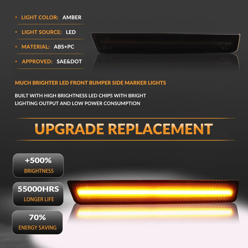 LED Side Marker Lights Front Bumper Amber Parking Signal Lamps for Dodge Challenger 2015-2023 Smoked Len, 2PCS Front Bumper, Amber