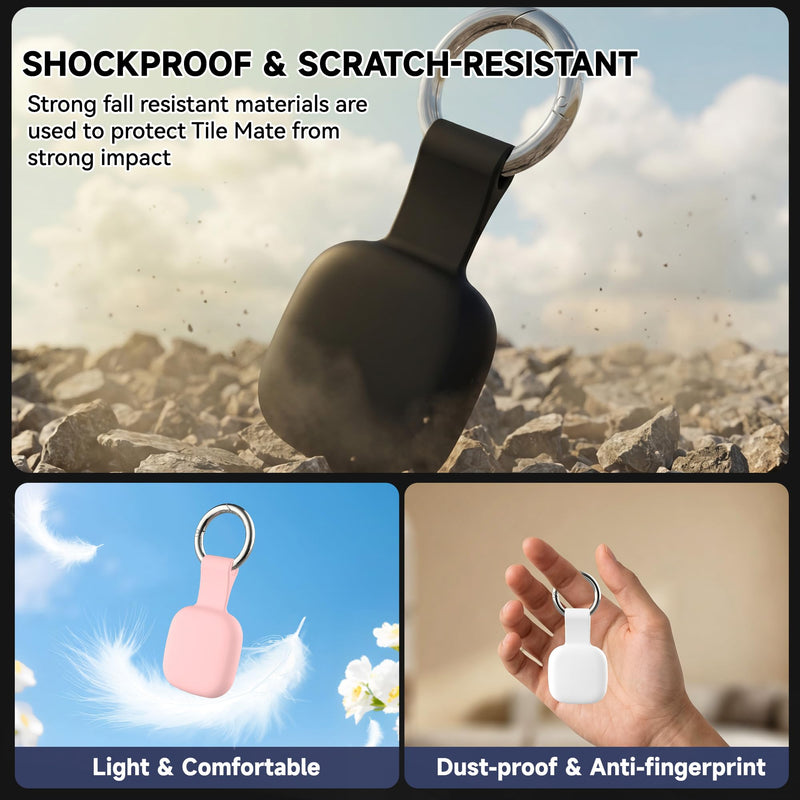 4-Pack Holder for Life360 Tile Mate 2024/2022 Tracker with Keychain | Soft Silicone Scratch Resistant Cover, Anti-Lost Case Accessories for Bag,Luggages,Keys,Pets,Dogs,Black/White/Pink/Dark Blue Black/White/Pink/Dark Blue