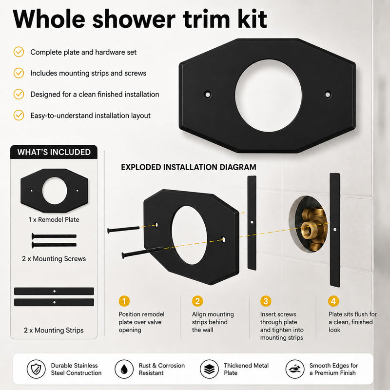 One-Hole-Remodel-Cover-Plate Compatible with Moen & Delta Shower Valve Trim Single Hole Renovation Shower Cover Plate for 2 Handle or 3 Handle Shower(Black) Black