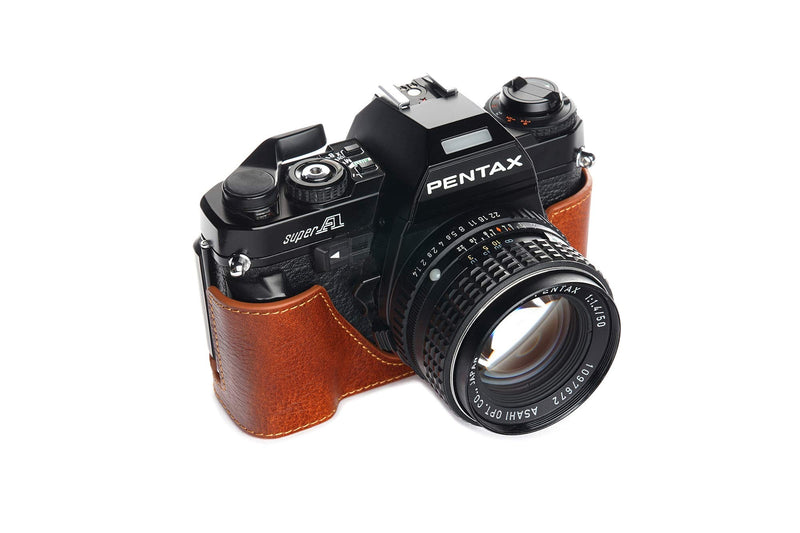 Pentax Super A Case, BolinUS Handmade Genuine Real Leather Half Camera Case Bag Cover for Pentax Super A Camera with Hand Strap (LavaBrown) LavaBrown