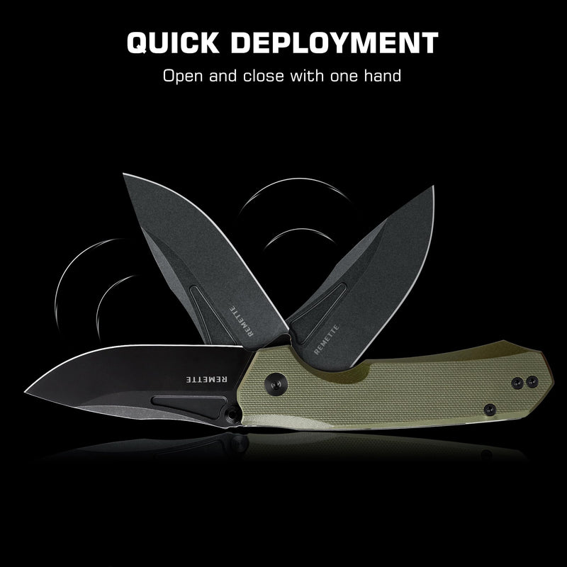 REMETTE EDC Pocket Knife Rhino,3" D2 Steel Blade Durable G10 Handle, Folding Pocket Knives with Reversible Pocket Clip, Sharp Camping Hiking Pocket Knife for Men Green
