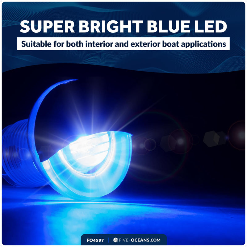 Five Oceans LED Boat Courtesy Lights, 1-5/16-Inch Round, 316 Stainless Steel Half Cover, IP68 Waterproof, Blue, 12V, Thru-Hull Mount for Livewell & Underwater Light on Boats - FO4597 1-5/16" Round Half-Moon Cover, Blue LED, 1-Pack