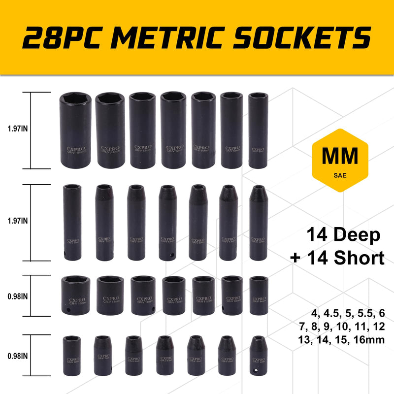 1/4" Cr-V 6 Point Drive Impact Socket Set, 56-Piece Standard SAE (5/32 to 9/16 inch) and Metric (4-15mm) Size, 1/4-Inch Ratchet Handle, Extension Bar, Universal Joint