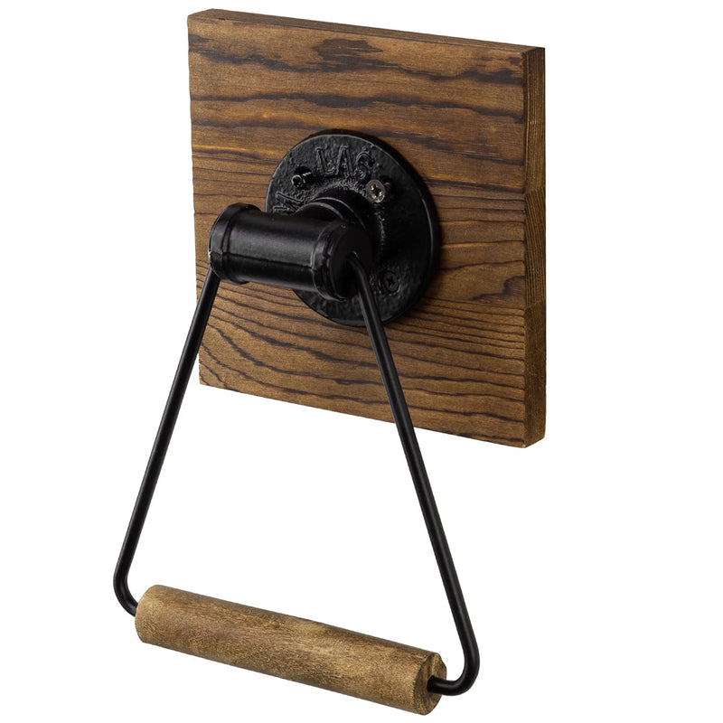 MyGift Bathroom Hand Towel Holder, Towel Rack Ring 5.5x8.7 inch for Kitchen, Laundry Room, Matte Black Industrial Metal with Rustic Solid Burnt Wood Dark Brown