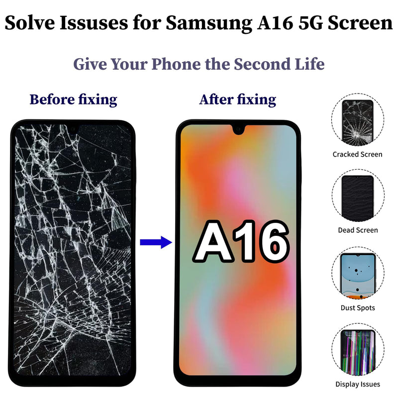 for Samsung Galaxy A16 5G Screen Replacement with Ear Speaker Side Button | Vibration Motor A166U Front LCD Incell Display Touch Digitizer Frame Assembly Repair Kits A166E A166B A166W