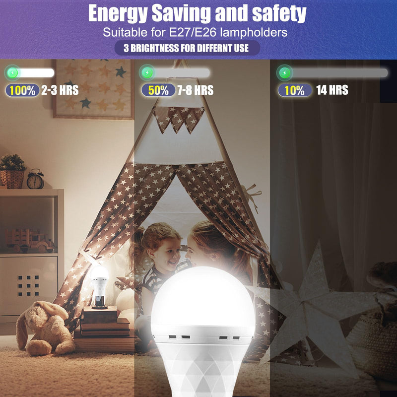 Emergency-Rechargeable-Light-Bulb, Stay Lights Up When Power Failure, 1500mAh 12W 60W Equivalent LED Light Bulbs for Home, Camping, Hiking (E27, with Hook,with Plug Cap) 6 Pack 1 ZS-6Pack