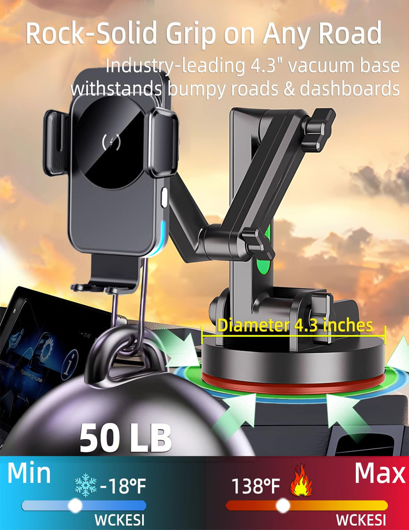 Wireless Car Charger Phone Holder Mount for Truck, 15W Fast Charging | 15-Inch Long Arm, Heavy Duty Trucks and Pickup Accessories, Strong Vacuum Dashboard & Windshield Mount, for iPhone Samsung LG TRUCK-1