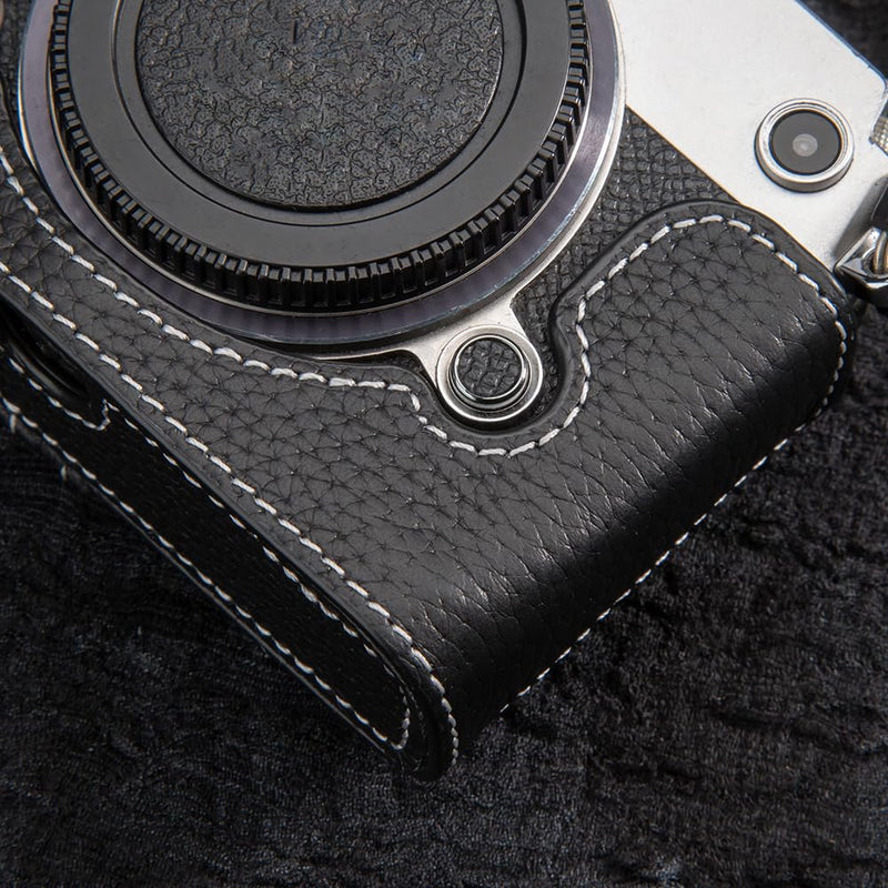 Leather Vintage Half-Wrap Camera Protection case, Handcrafted Camera case, Suitable for Olympus Pen-F M43 (Black) Black