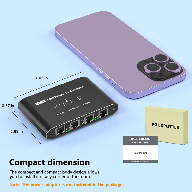 PoE Switch 1 in 4 Out, 4 Port Gigabit PoE Splitter, IEEE 802.3at/af Compliant, 30W per Port Power Over Network Hub for IP Cameras/AP/VoIP Phones (328 Ft), PoE+ Splitter for Cat5e/6/7/8 Cable