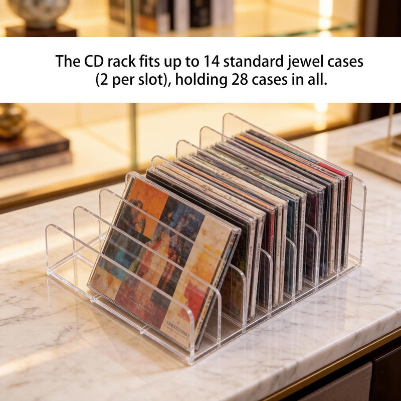2Pk Acrylic CD Rack Clear, DVD Vinyl Record Display Stand | Scratch-Resistant Thickened Acrylic — Holds 14 Standard CD Cases Each (28 Total),fits Cassettes& Makeup Storage