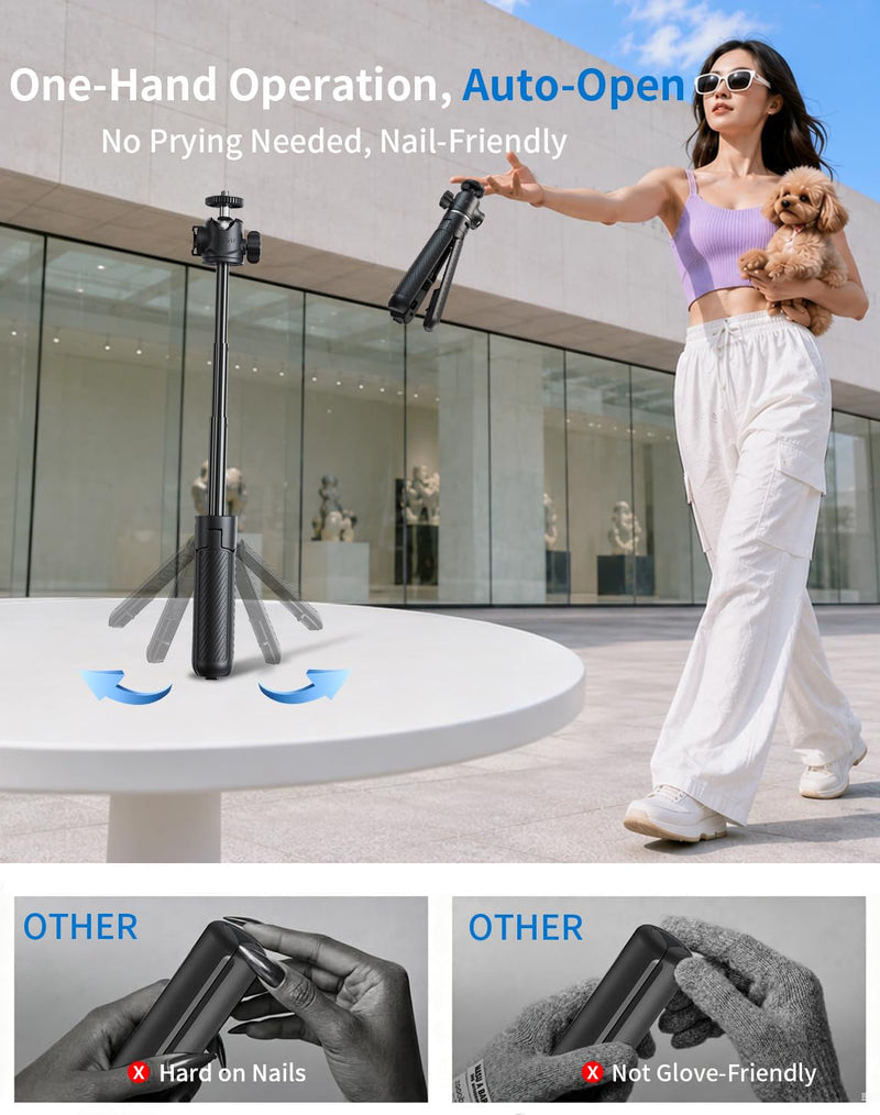 Auto Open 360° Rotation Invisible Selfie Stick for DJI Osmo 360/Insta 360 | LEEKAI PX05 11.8" Desktop Stand w/Cold Shoe&Claw Adapter&Phone Holder for Osmo Pocket 4P/4/3, Action 6, Insta360 Luna Ultra Black