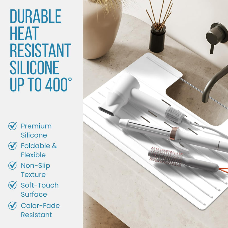 Maplefield Bathroom Sink Cover & Silicone Makeup Mat - White, 22" x 15" x 2" Inches - Heat Resistant to 400°F - Foldable Roll-Up Design with Raised Ridges - Space-Saving Countertop Mat Large