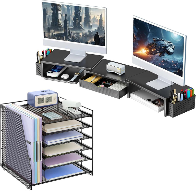 gianotter Dual Monitor Stand Riser + 6-Tier Paper Organizer (Black)