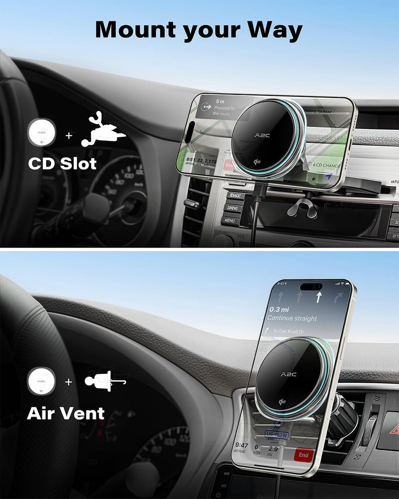 A2C Qi2 15W Wireless Car Charger CD Mount for MagSafe CD Slot | Air Vent | Magnetic Wireless Charger Phone Holder with TEC Thermoelectric Cooler, Fast Charging for iPhone 17 16 15 14 13 12 Series