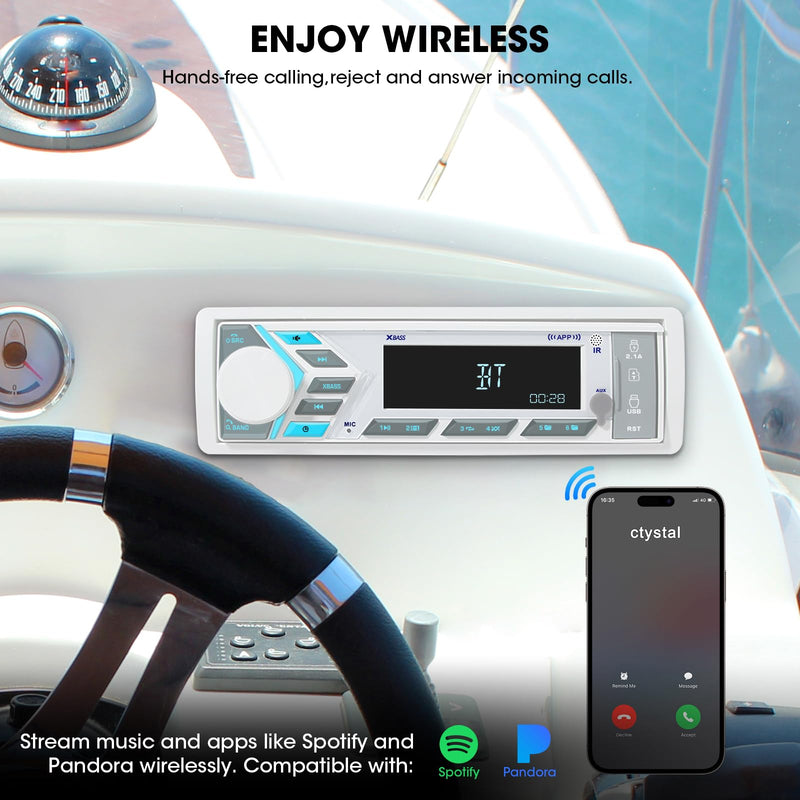 Single Din Marine Radio Bluetooth: Boat Stereo Receiver - Push to Talk Assistant Digital LCD Screen AM FM Tuner 4 Volts Preamp Outputs 2 Subwoofer Ports USB Charging Aux-in Remote Control White Single Din Marine Radio