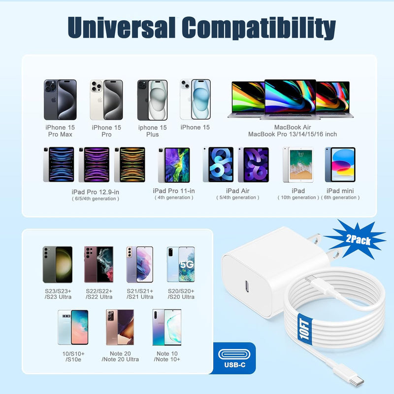 iPhone 17/16/15 Charger Fast Charging,2Pack 10FT Long USB C to C i Phone Fast Charging Cable Cord with 20W USBC Quick Charger Block Adapter for iPhone 17/16 Pro/15 ProMax/15 Plus,iPad 12.9/11/10.9/Air 2Pack 10FT C-C 2