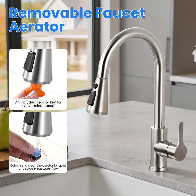 Pull Down Faucet Sprayer Head Replacement, Stainless Steel 3 Function Nozzle with 9 Adapters for Kitchen Sink Faucet, Compatible with Moen Delta Kohler Faucets, Brushed Nickel
