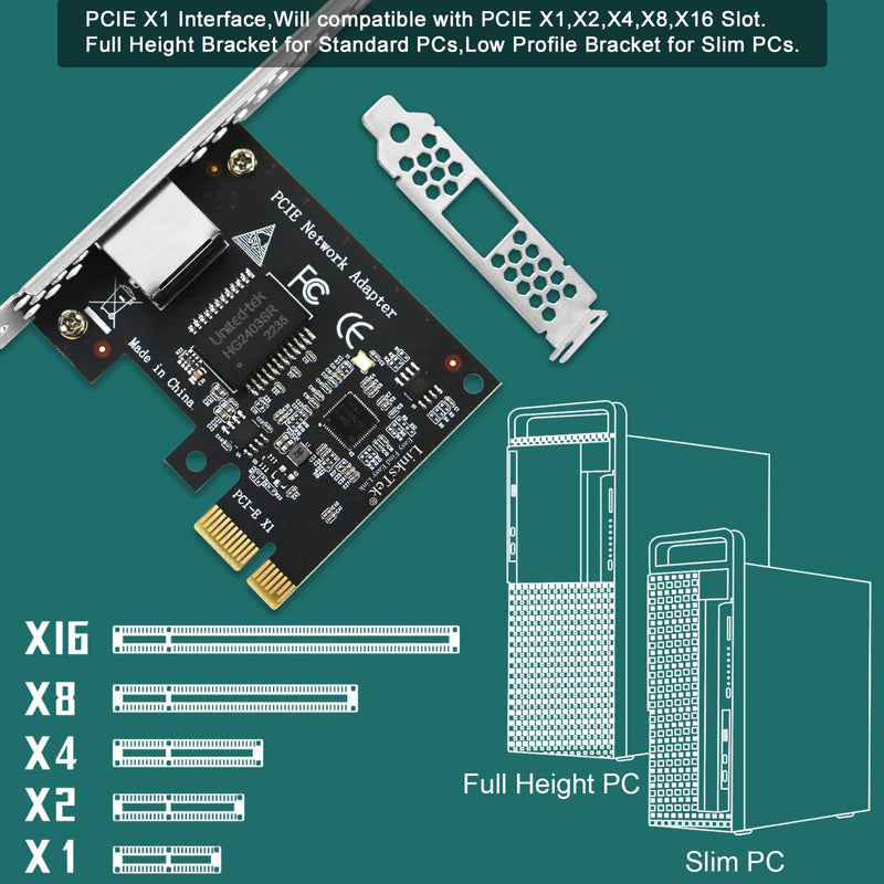 PCI Express X1 Interface to 2.5GbE RJ45 Ports Network Adapter for Windows 11, 10 64bit and Windows Server 2019, 2022, Intel I225V Ethernet Controller, 2.5GbE PCIE NIC Card (PCIE-I225) PCIE-I225