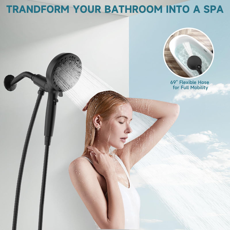 5" Filtered Handheld Shower Head with 10 Spray Modes,High Pressure Detachable Showerhead with Magnetic Docking, Water Flow Control & 69" Stainless Steel Shower Hose,Black Black