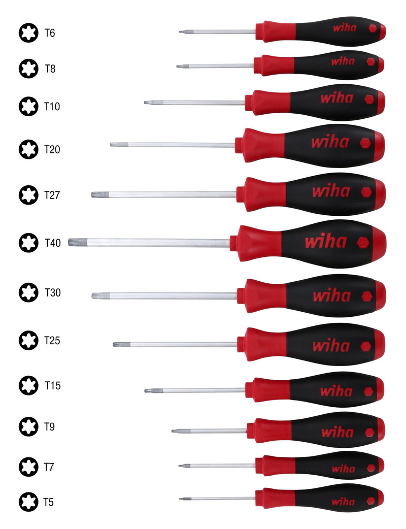 Wiha 36267 Torx Screwdriver Set, 12 Piece, T5–T40, SoftFinish Ergonomic Handle