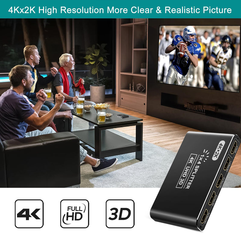 CLOSS HDMI Splitter 1 in 4 Out, 4K HDMI Splitters for Dual Monitors Supports 3D Full HD 1080P Aluminum HDMI Spliter HDMI Adapter for TV Compatible for PS4 Fire Stick HDTV(1 Source to 4 Displays) Black