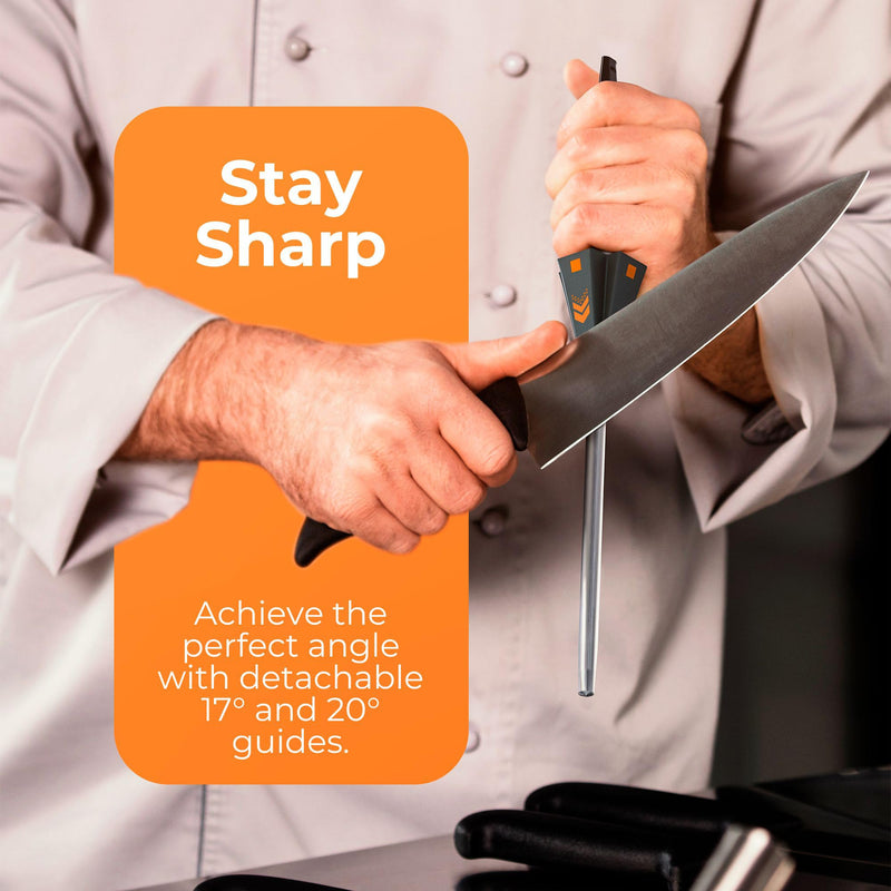 Orange Ninja Knife Honing Rod 10-inch with Adjustable Angle Guides 17° & 20°- Premium Quality Sharpening Steel Sharpener to keep Kitchen Knives Sharp