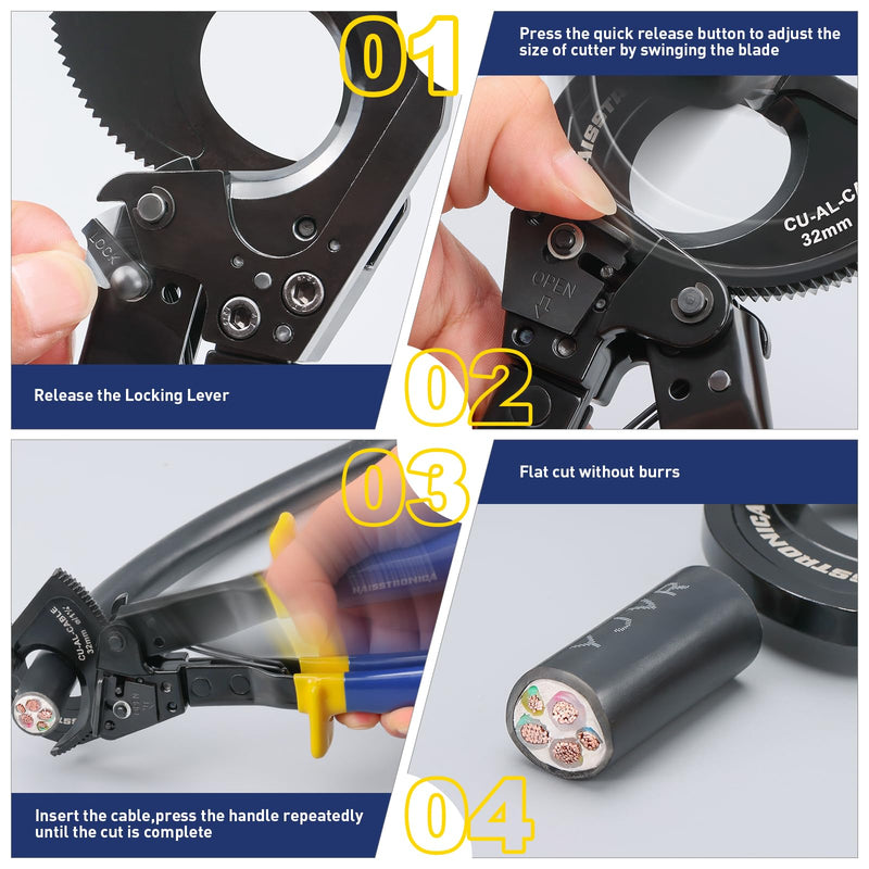 haisstronica Ratchet Cable Cutters,Heavy Duty Wire Cutters for Cutting Electrical Copper & Aluminum Cable Wire Up to 240mm²(500 Kcmil) 240mm²