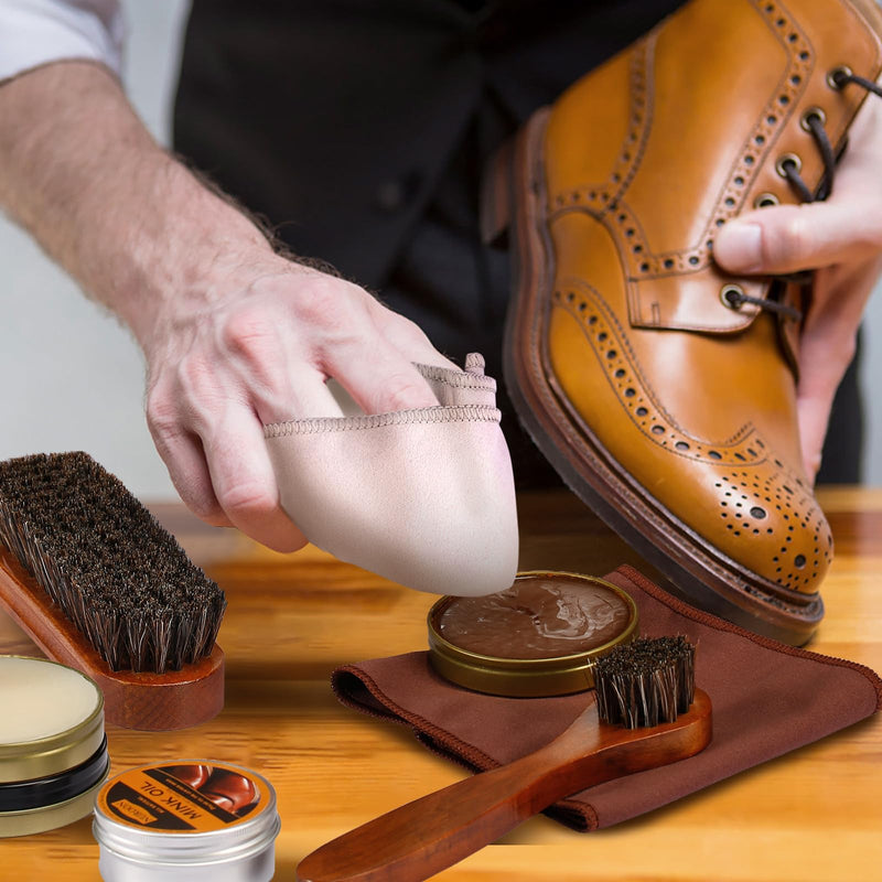 13Pcs Shoe Care Kit for Men & Women,3 Horsehair Shoe Polish Brush,Black Brown Neutral Mink Oil for Shoes,Care for Leather Boots, Shoe Cleaning Kit as Gift for Men with Shine Sponges & Care Cloth