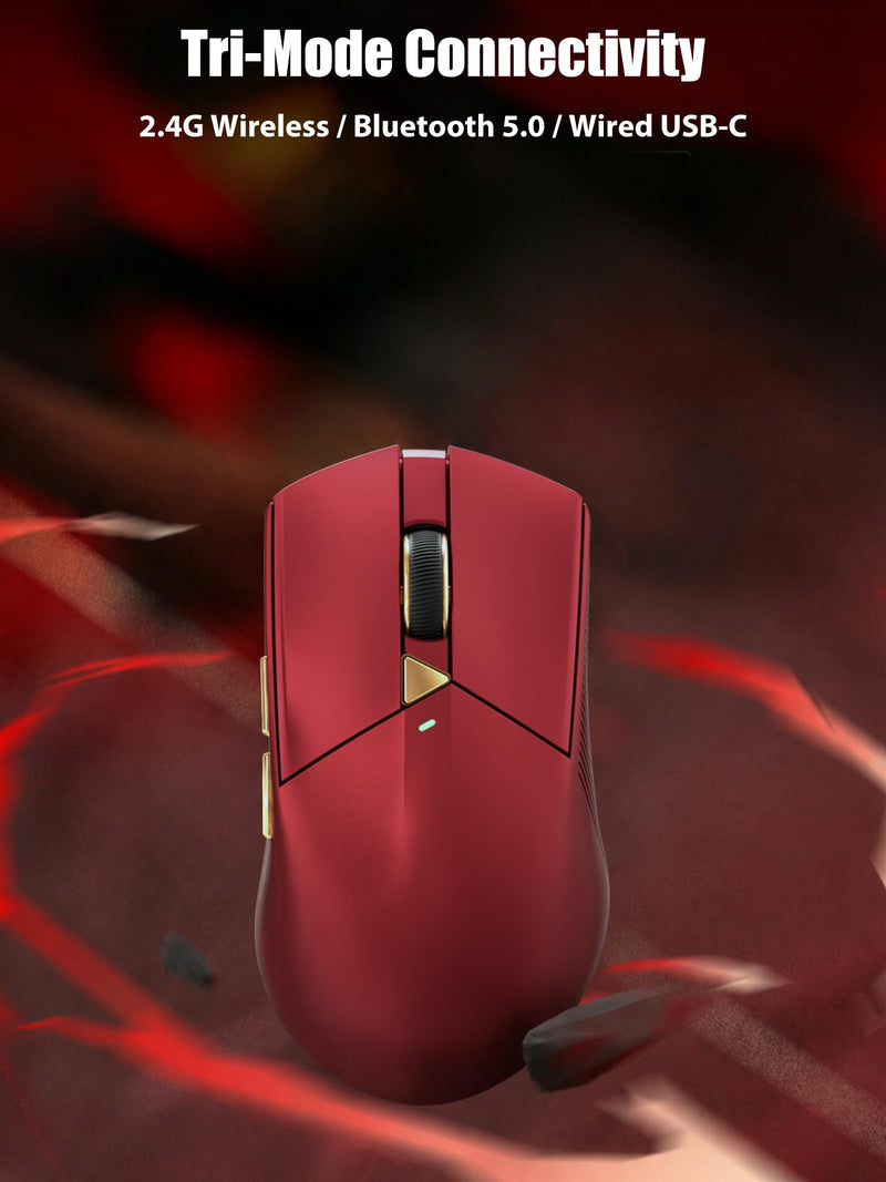 Wired/Wireless Gaming Mouse, Tri-Mode 2.4G/BT/USB-C, PAW3311 Sensor | 12800 DPI, Dual 1K Polling Rate, 62g Lightweight, 800mAh, Macro Programmable, Ergonomic Mouse for Win/Mac/PC/Laptop, Red